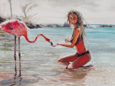 Pittura intitolato "Flamingo beach" da Manu Toxxic, Opera d'arte originale, Acquarello
