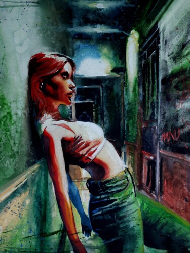 Malerei mit dem Titel "Alone in the subway…" von Manu Toxxic, Original-Kunstwerk, Aquarell