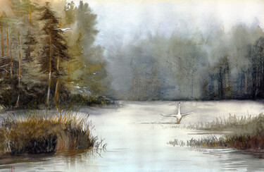 Painting titled "Swans" by Manu Toxxic, Original Artwork, Watercolor