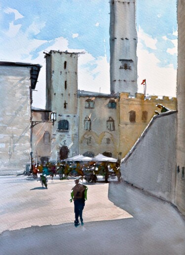 Malerei mit dem Titel "San Gimignano" von Manu Toxxic, Original-Kunstwerk, Aquarell