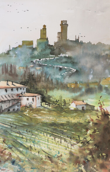Pittura intitolato "San Gimignano sunri…" da Manu Toxxic, Opera d'arte originale, Acquarello