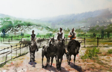 Malarstwo zatytułowany „hommes à cheval - D…” autorstwa Manu Toxxic, Oryginalna praca, Akwarela