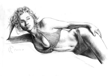 Drawing titled "Famous model in bik…" by Manu Toxxic, Original Artwork, Pencil