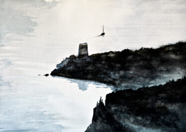 Peinture intitulée "View of a coast tow…" par Manu Toxxic, Œuvre d'art originale, Aquarelle