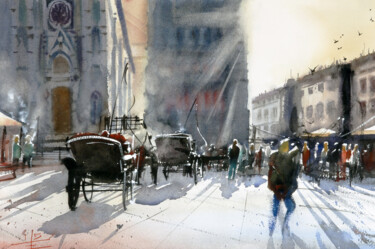 Schilderij getiteld "Caleche Florence It…" door Manu Toxxic, Origineel Kunstwerk, Aquarel