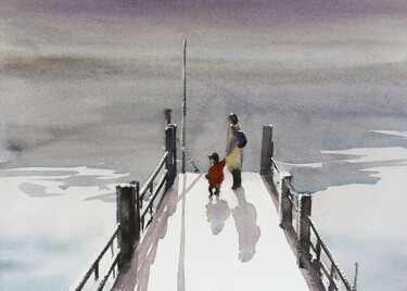 Malerei mit dem Titel "At the Dock edge" von Manu Toxxic, Original-Kunstwerk, Aquarell