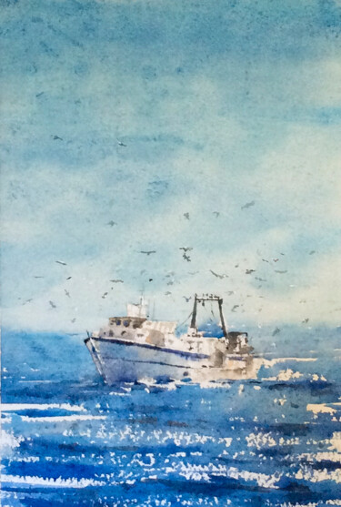 Картина под названием "Le bateau de pêche,…" - Manu Toxxic, Подлинное произведение искусства, Акварель