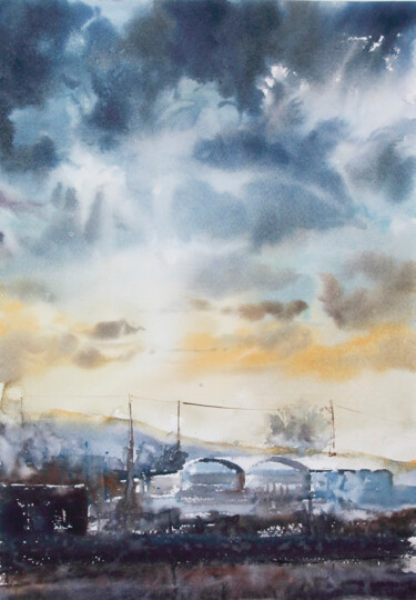 Malerei mit dem Titel "Agricolture fields…" von Manu Toxxic, Original-Kunstwerk, Aquarell