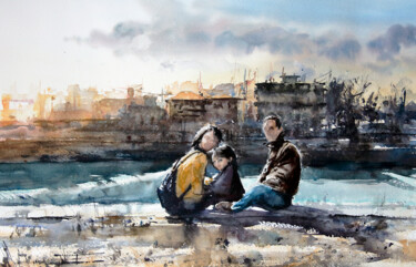 Pittura intitolato "Family on the Arno…" da Manu Toxxic, Opera d'arte originale, Acquarello