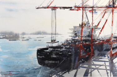 Malerei mit dem Titel "Yangshan Port" von Manu Toxxic, Original-Kunstwerk, Aquarell