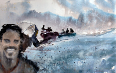Painting titled "Big waves surfers -…" by Manu Toxxic, Original Artwork, Watercolor