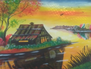 Painting titled "Riverside scenery" by Mek, Original Artwork