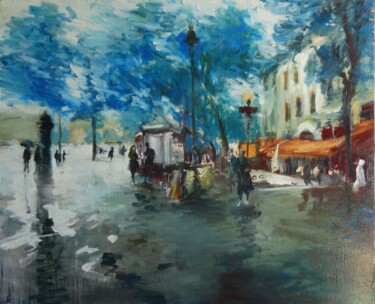 Peinture intitulée "Bastille, la pluie…" par Manuel Leonardi, Œuvre d'art originale, Huile