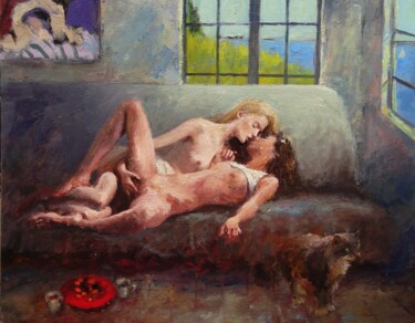Painting titled "Le chat surpris" by Manuel Leonardi, Original Artwork, Oil