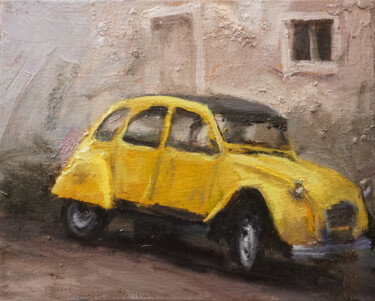 Painting titled "2CV jaune" by Manuel Leonardi, Original Artwork, Oil