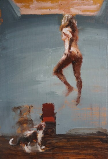 Painting titled "Le chat inquiet" by Manuel Leonardi, Original Artwork, Oil