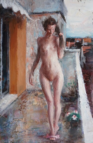 Painting titled "Jeune fille sur le…" by Manuel Leonardi, Original Artwork, Oil