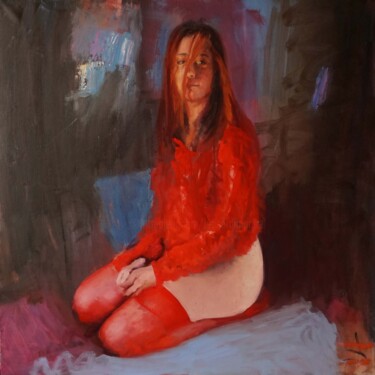 Painting titled "Lucile rouge" by Manuel Leonardi, Original Artwork, Oil