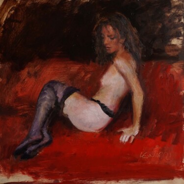 Peinture intitulée "Pauline sur rouge" par Manuel Leonardi, Œuvre d'art originale, Huile