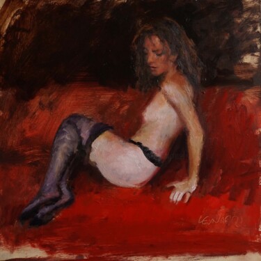 Painting titled "Pauline sur rouge" by Manuel Leonardi, Original Artwork, Oil