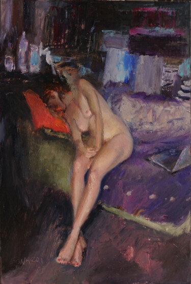 Painting titled "Endormie à l'atelier" by Manuel Leonardi, Original Artwork, Oil