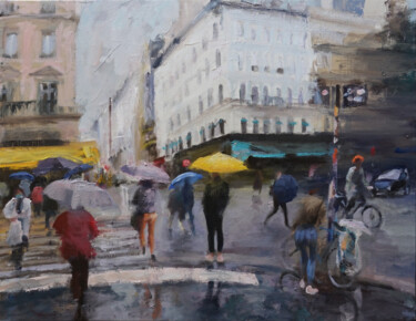 Peinture intitulée "Parapluies faubourg…" par Manuel Leonardi, Œuvre d'art originale, Huile