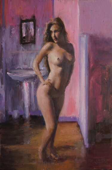 Malerei mit dem Titel "La chambre rose" von Manuel Leonardi, Original-Kunstwerk, Öl