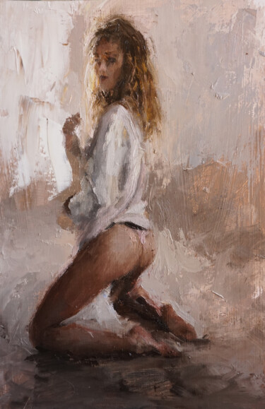 Картина под названием "Jeune femme en blou…" - Manuel Leonardi, Подлинное произведение искусства, Масло