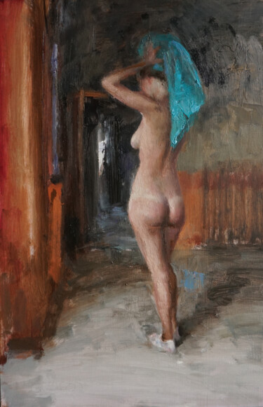 Painting titled "La serviette bleue…" by Manuel Leonardi, Original Artwork, Oil