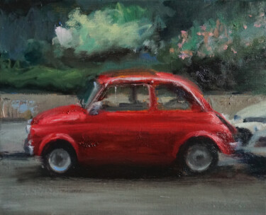 Schilderij getiteld "Fiat 500 rouge" door Manuel Leonardi, Origineel Kunstwerk, Olie