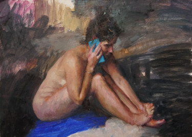 Malerei mit dem Titel "Au telephone" von Manuel Leonardi, Original-Kunstwerk, Öl