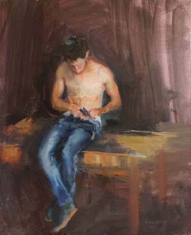 Peinture intitulée "Jeune homme au revo…" par Manuel Leonardi, Œuvre d'art originale, Huile