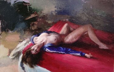 Painting titled "Lucile aux draps ro…" by Manuel Leonardi, Original Artwork, Oil