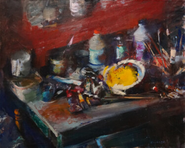 Painting titled "Atelier 14" by Manuel Leonardi, Original Artwork, Oil Mounted on Wood Stretcher frame