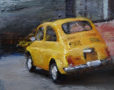 Schilderij getiteld "Fiat 500 jaune" door Manuel Leonardi, Origineel Kunstwerk, Olie