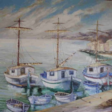 Painting titled "BATEAUX A QUAI" by Manuel Martin, Original Artwork