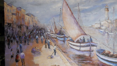 Peinture intitulée "arrivee des pêcheurs" par Manuel Martin, Œuvre d'art originale, Huile