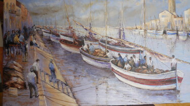 Painting titled "pêcheurs au GRAU DU…" by Manuel Martin, Original Artwork, Oil