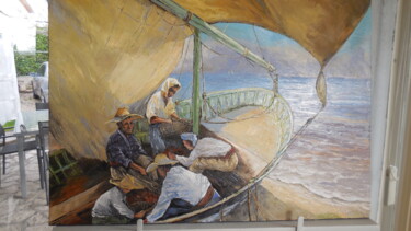 Schilderij getiteld "préparatifs de pêche" door Manuel Martin, Origineel Kunstwerk, Olie