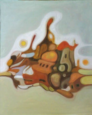 Painting titled "Construcción I" by Manuel Uhía Lima, Original Artwork, Oil Mounted on Wood Stretcher frame