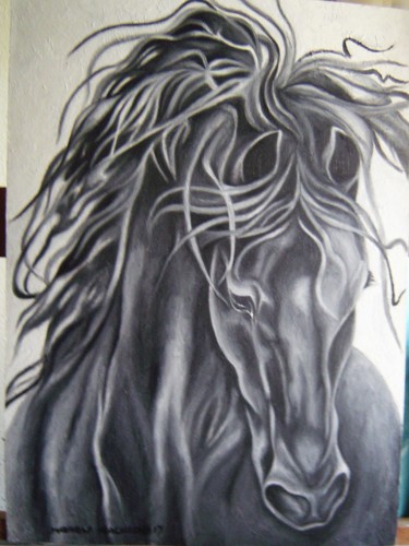 Pittura intitolato "cavalo-negro-1.jpg" da Manuela Machado, Opera d'arte originale, Olio
