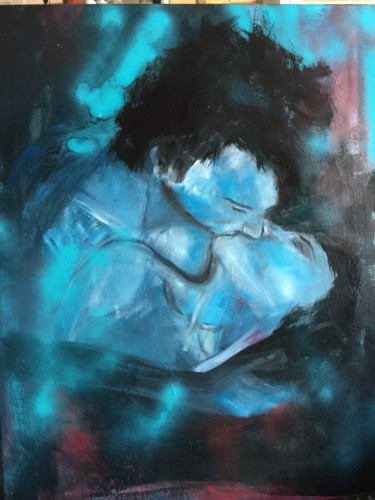 Painting titled "Le baiser II" by Gutierrez, Original Artwork, Oil Mounted on Wood Stretcher frame