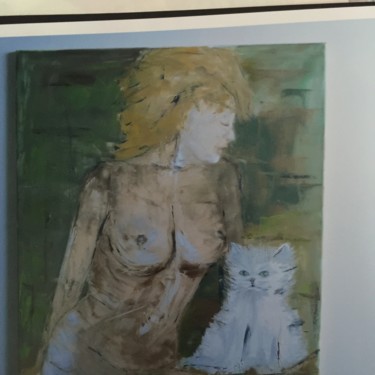 Schilderij getiteld "Femme blonde qu chat" door Gutierrez, Origineel Kunstwerk