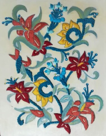 纺织艺术 标题为“Sofia” 由Manuela Marques, 原创艺术品, 刺绣 安装在木质担架架上
