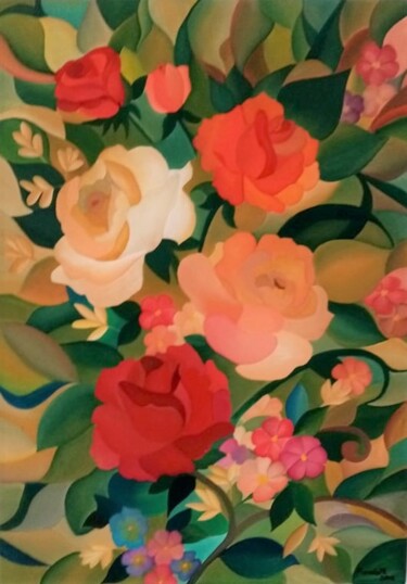 Painting titled "Rosas" by Manuela Marques, Original Artwork, Oil