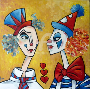 Painting titled "clowns amoureux ou…" by Manuèle Lenoir, Original Artwork, Oil