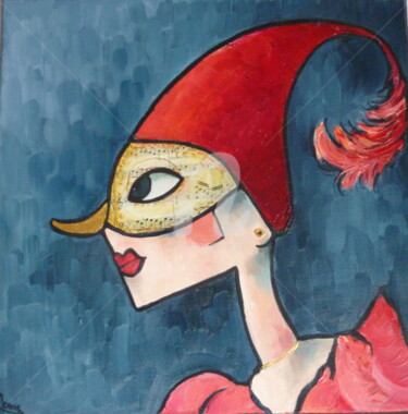 Картина под названием "le clown au masque…" - Manuèle Lenoir, Подлинное произведение искусства, Масло