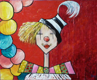 Painting titled "le clown aux ballon…" by Manuèle Lenoir, Original Artwork, Oil