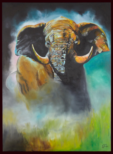 Painting titled "The Blue Eléphant" by Manuel Quaresma, Original Artwork, Oil