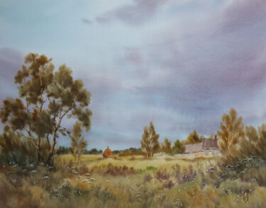 Malerei mit dem Titel "Evening landscape" von Igor Manukhov, Original-Kunstwerk, Aquarell